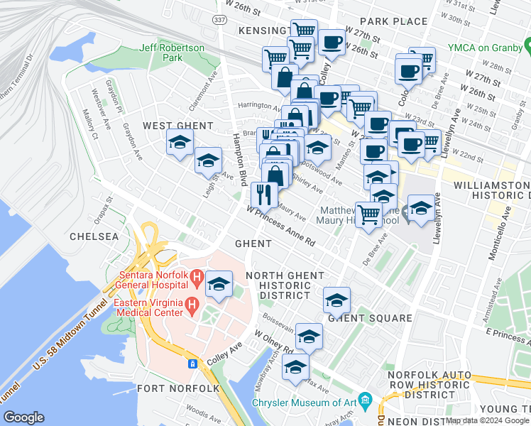map of restaurants, bars, coffee shops, grocery stores, and more near 1112 Colley Avenue in Norfolk