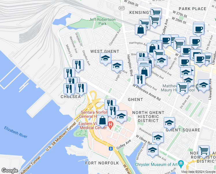 map of restaurants, bars, coffee shops, grocery stores, and more near 930 Greenway Court in Norfolk