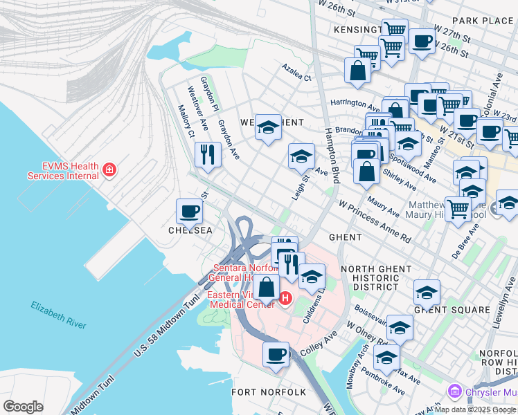 map of restaurants, bars, coffee shops, grocery stores, and more near 1031 Redgate Avenue in Norfolk