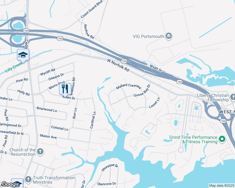 map of restaurants, bars, coffee shops, grocery stores, and more near 3627 Goose Bay Drive in Portsmouth