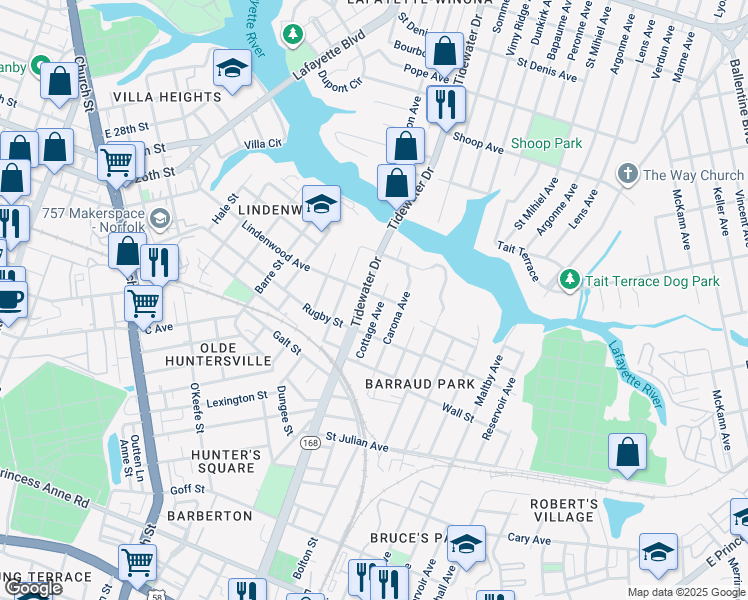 map of restaurants, bars, coffee shops, grocery stores, and more near 1047 Lindenwood Ave in Norfolk