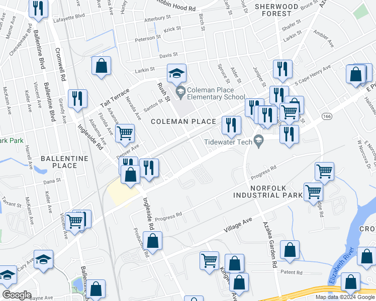 map of restaurants, bars, coffee shops, grocery stores, and more near 1532 Palmetto Street in Norfolk