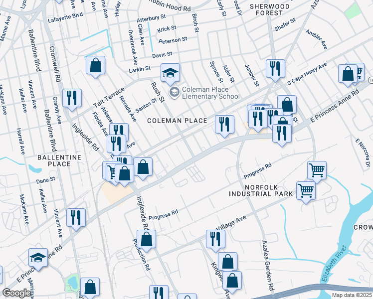 map of restaurants, bars, coffee shops, grocery stores, and more near 1525 Rush Street in Norfolk