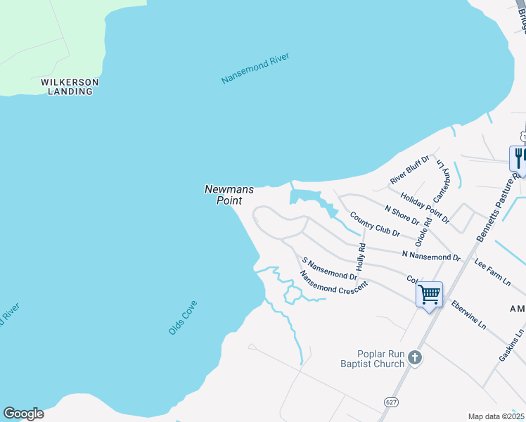 map of restaurants, bars, coffee shops, grocery stores, and more near 2613 North Nansemond Drive in Suffolk