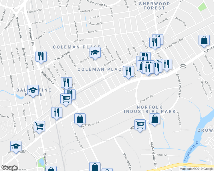 map of restaurants, bars, coffee shops, grocery stores, and more near 1525 Rush Street in Norfolk