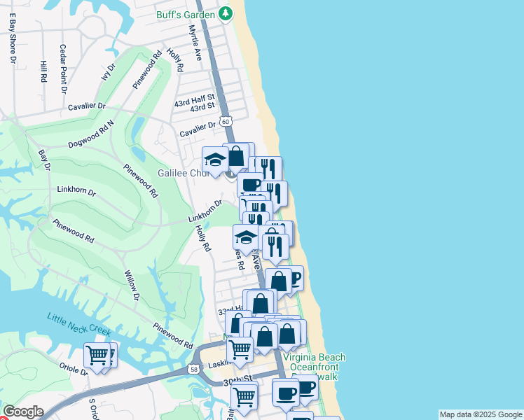map of restaurants, bars, coffee shops, grocery stores, and more near 3800 Atlantic Avenue in Virginia Beach