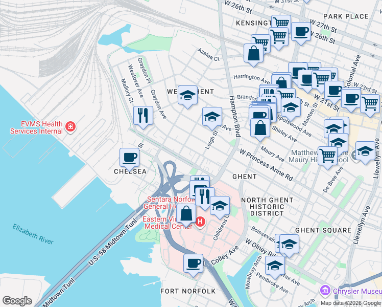 map of restaurants, bars, coffee shops, grocery stores, and more near 1031 Redgate Avenue in Norfolk
