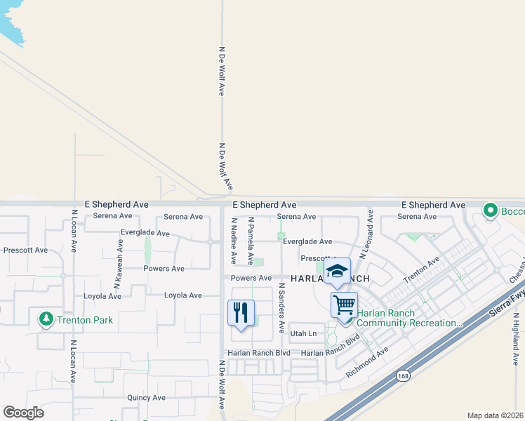 map of restaurants, bars, coffee shops, grocery stores, and more near 1975 North Pamela Avenue in Clovis