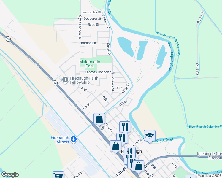 map of restaurants, bars, coffee shops, grocery stores, and more near 537 R Street in Firebaugh