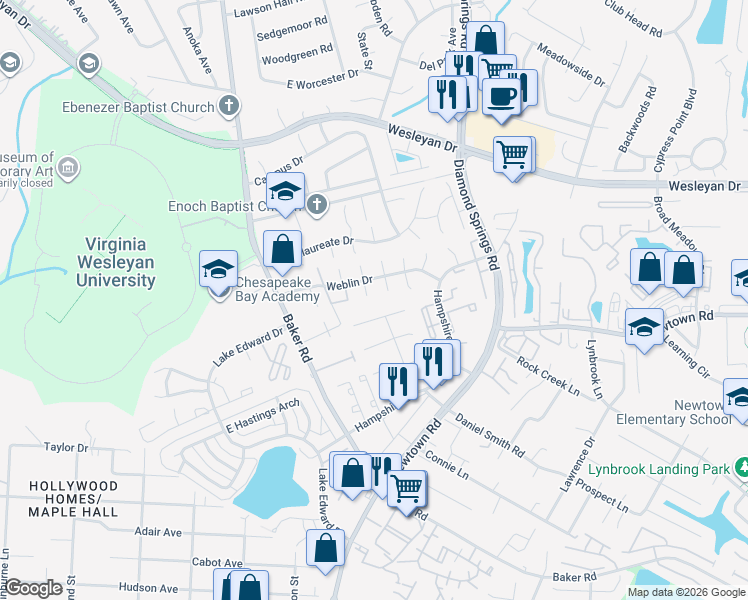 map of restaurants, bars, coffee shops, grocery stores, and more near 5652 Dodington Court in Virginia Beach