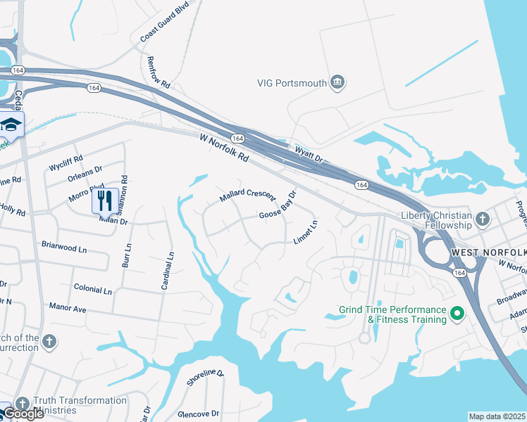 map of restaurants, bars, coffee shops, grocery stores, and more near 3708 Goose Bay Drive in Portsmouth