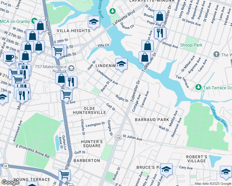 map of restaurants, bars, coffee shops, grocery stores, and more near 976 Pollard Street in Norfolk