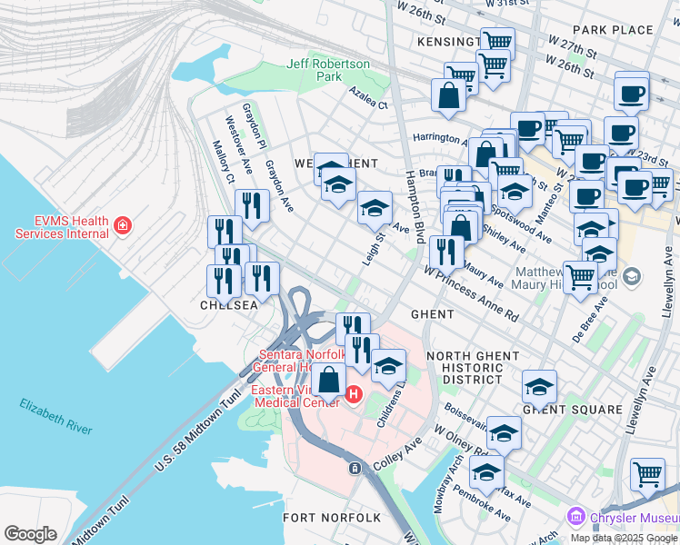 map of restaurants, bars, coffee shops, grocery stores, and more near 1019 Westover Avenue in Norfolk