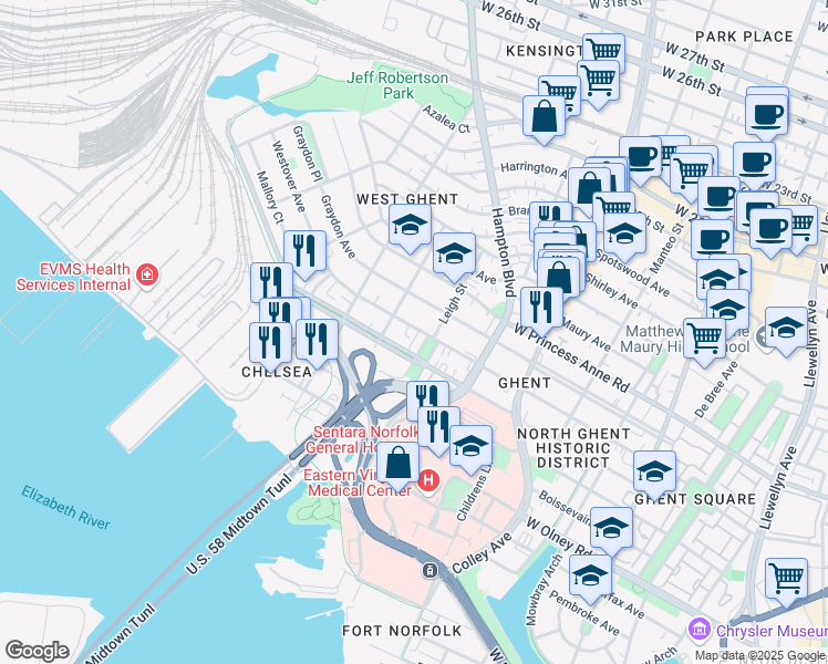 map of restaurants, bars, coffee shops, grocery stores, and more near 1017 Westover Avenue in Norfolk