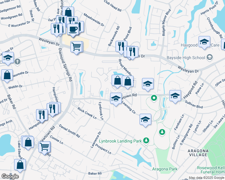 map of restaurants, bars, coffee shops, grocery stores, and more near 909 Newtown Road in Virginia Beach