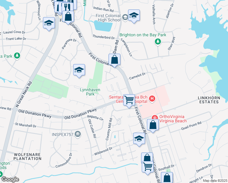 map of restaurants, bars, coffee shops, grocery stores, and more near 1020 Enterprise Court in Virginia Beach