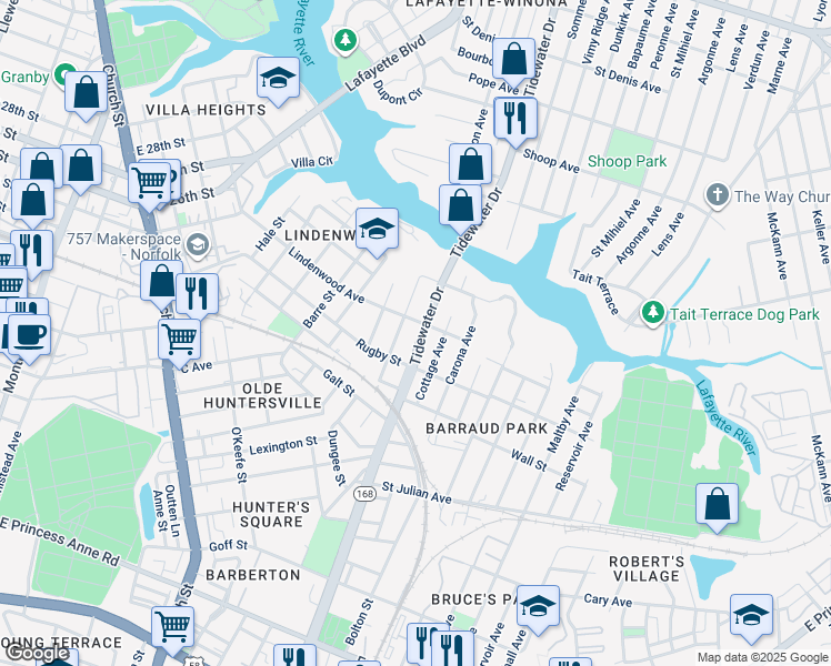 map of restaurants, bars, coffee shops, grocery stores, and more near 2414 Tidewater Drive in Norfolk