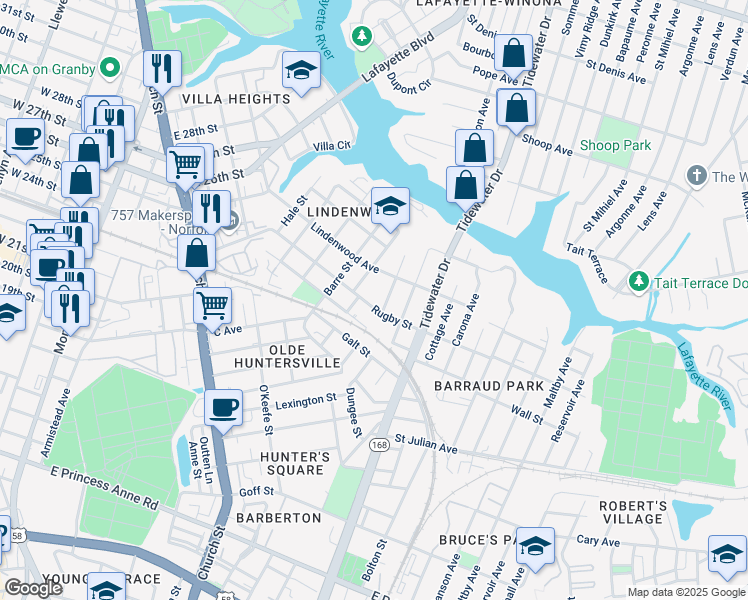 map of restaurants, bars, coffee shops, grocery stores, and more near 976 Pollard Street in Norfolk