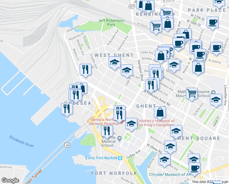 map of restaurants, bars, coffee shops, grocery stores, and more near 1031 Redgate Avenue in Norfolk