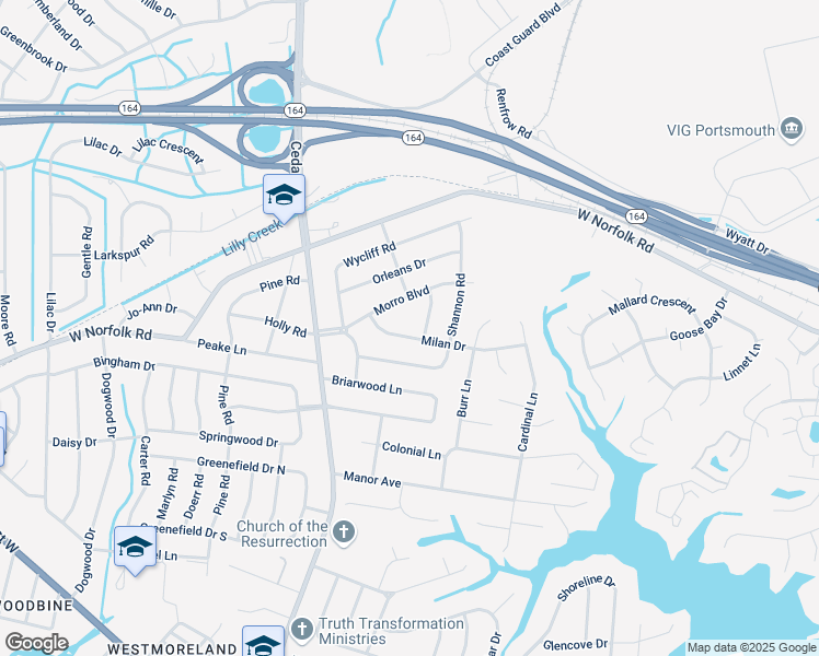 map of restaurants, bars, coffee shops, grocery stores, and more near 4825 Milan Drive in Portsmouth