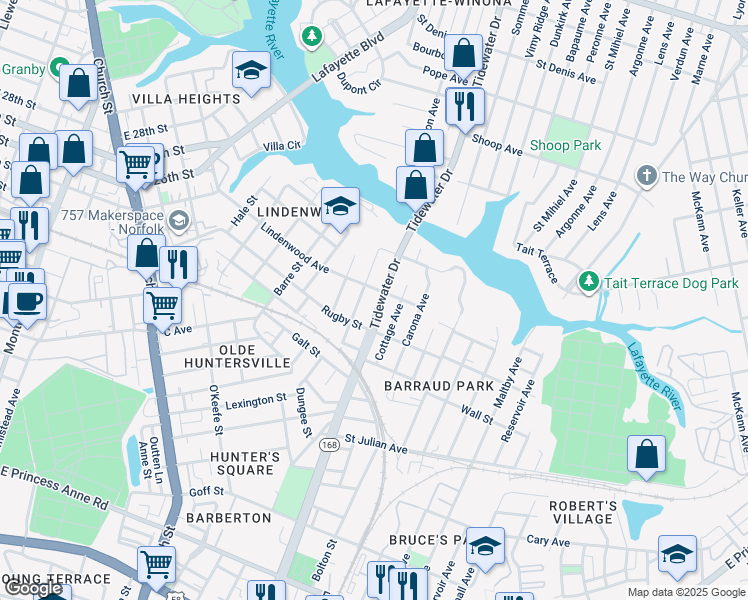 map of restaurants, bars, coffee shops, grocery stores, and more near 2414 Tidewater Drive in Norfolk