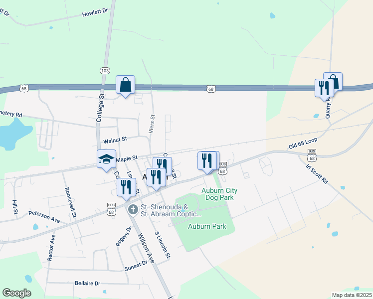 map of restaurants, bars, coffee shops, grocery stores, and more near 117 Maple Street in Auburn