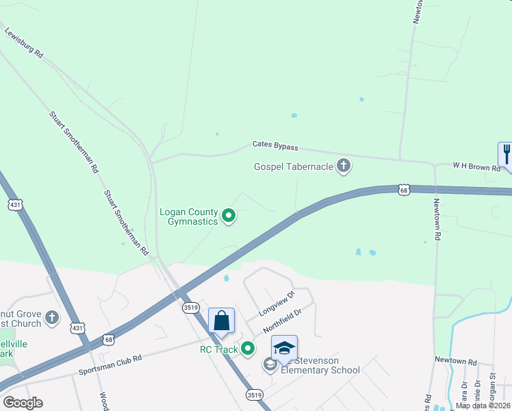 map of restaurants, bars, coffee shops, grocery stores, and more near 152-154 Cablevision Road in Russellville