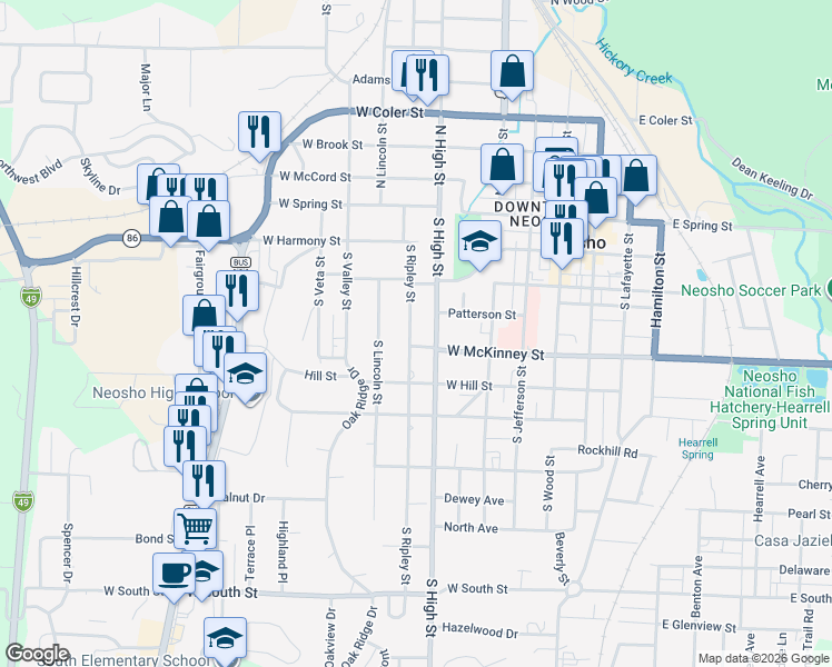 map of restaurants, bars, coffee shops, grocery stores, and more near 406 South High Street in Neosho