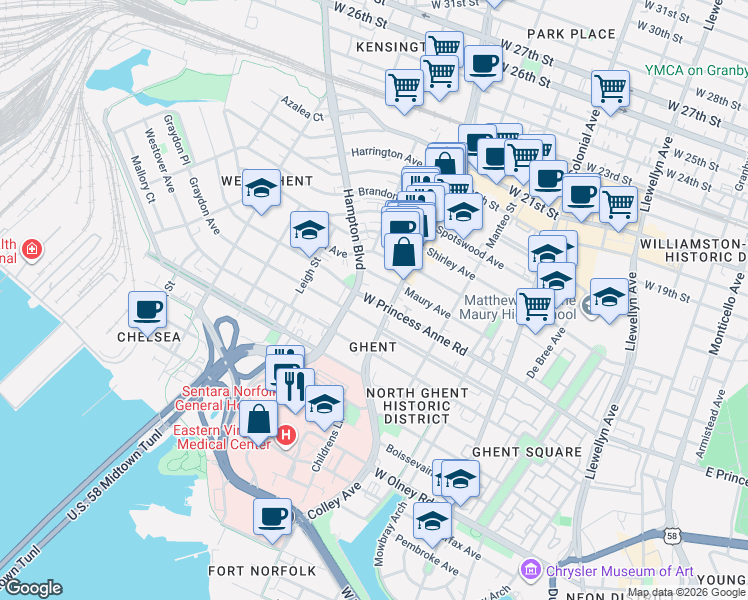 map of restaurants, bars, coffee shops, grocery stores, and more near 810 West Princess Anne Road in Norfolk
