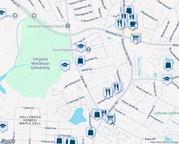 map of restaurants, bars, coffee shops, grocery stores, and more near 810 Hampstead Court in Virginia Beach