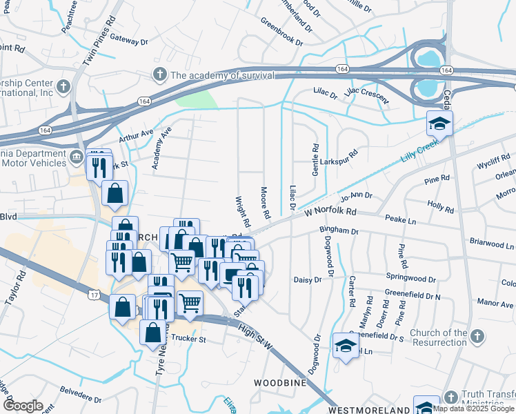 map of restaurants, bars, coffee shops, grocery stores, and more near 3500 Moore Road in Portsmouth