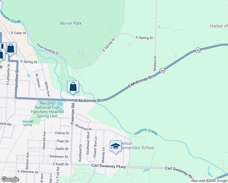 map of restaurants, bars, coffee shops, grocery stores, and more near McKinney St in Neosho