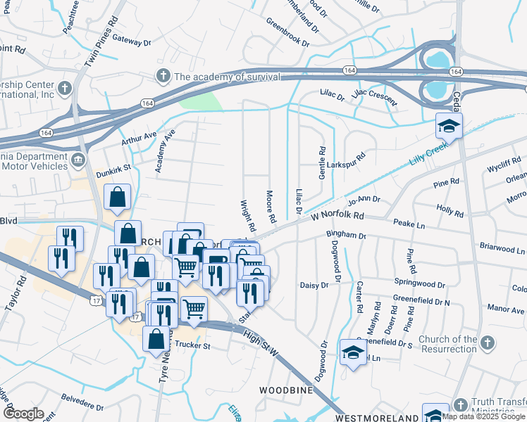 map of restaurants, bars, coffee shops, grocery stores, and more near 3500 Moore Road in Portsmouth