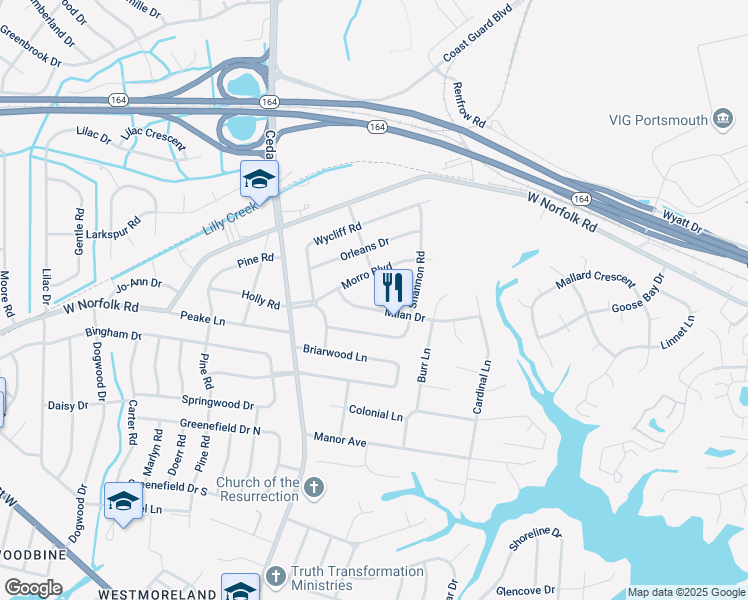 map of restaurants, bars, coffee shops, grocery stores, and more near 4825 Milan Drive in Portsmouth