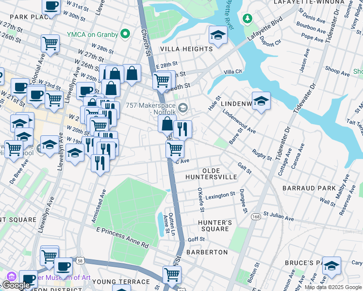 map of restaurants, bars, coffee shops, grocery stores, and more near 736 C Avenue in Norfolk