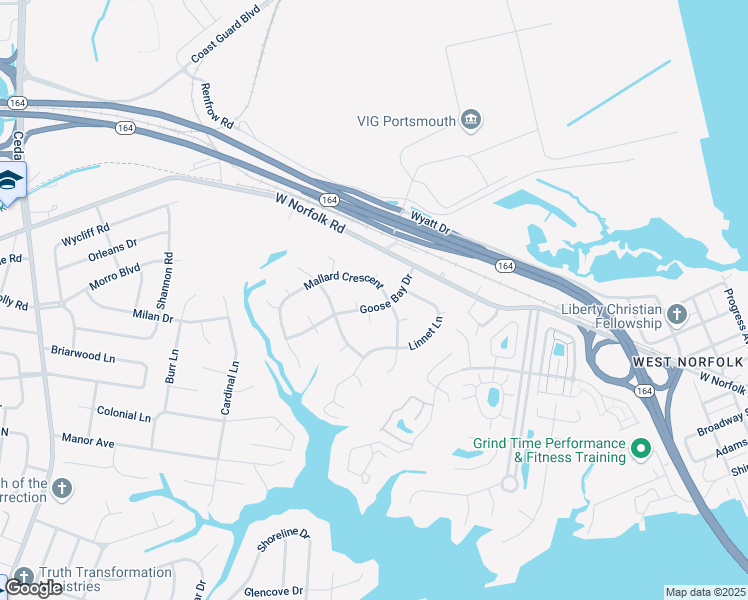 map of restaurants, bars, coffee shops, grocery stores, and more near 3712 Goose Bay Drive in Portsmouth