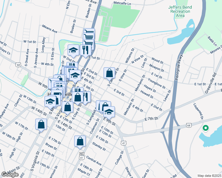 map of restaurants, bars, coffee shops, grocery stores, and more near 605-777 E 4th St in Hopkinsville