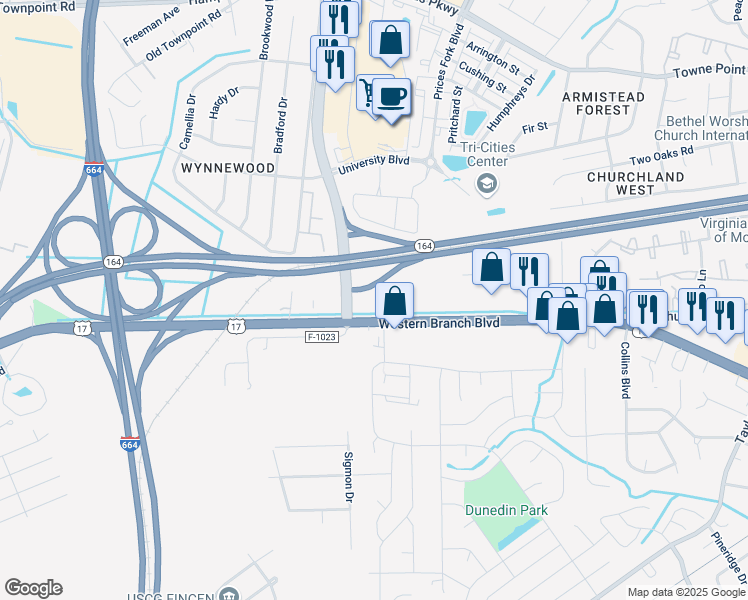 map of restaurants, bars, coffee shops, grocery stores, and more near 4868 Bridge Road in Suffolk