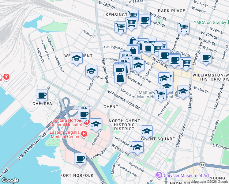 map of restaurants, bars, coffee shops, grocery stores, and more near 1112 Colley Avenue in Norfolk