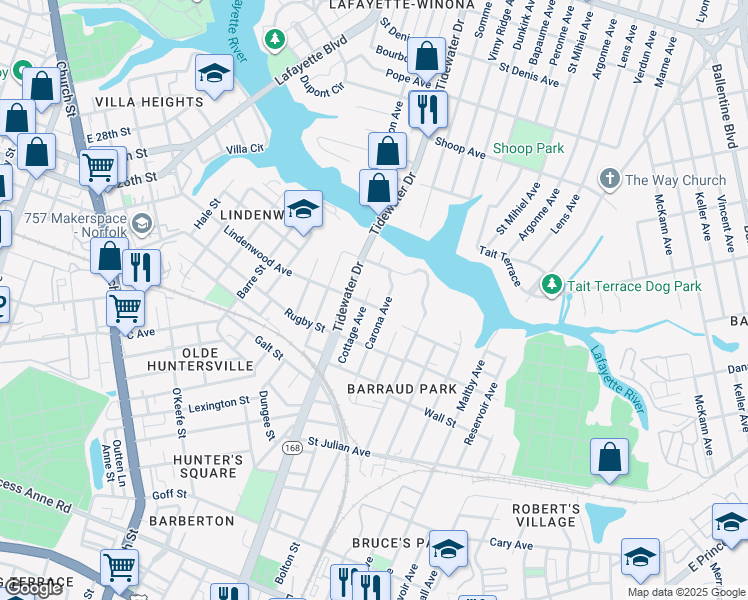 map of restaurants, bars, coffee shops, grocery stores, and more near 1054 Lindenwood Ave in Norfolk