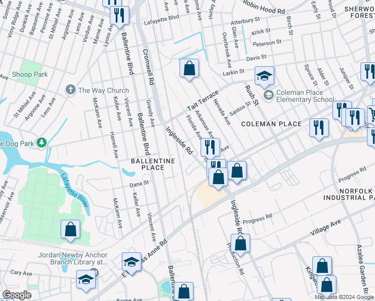 map of restaurants, bars, coffee shops, grocery stores, and more near 2427 Ingleside Road in Norfolk