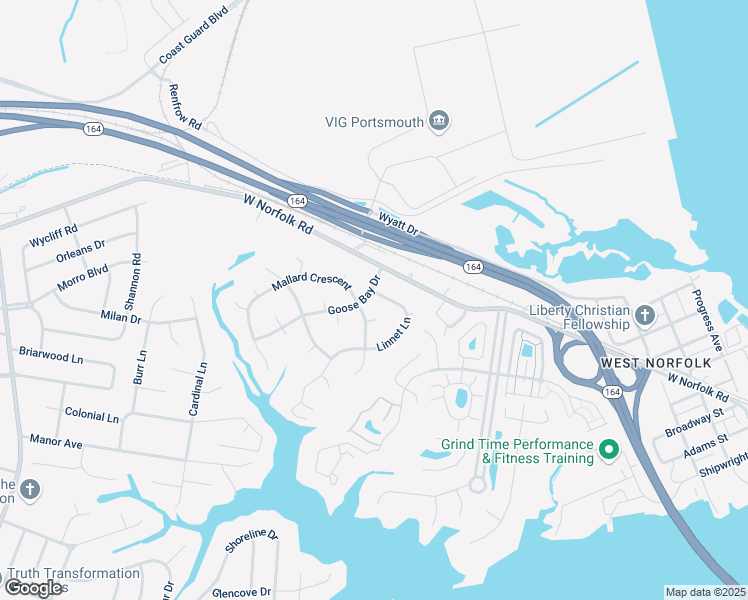 map of restaurants, bars, coffee shops, grocery stores, and more near 4513 Mallard Crescent in Portsmouth