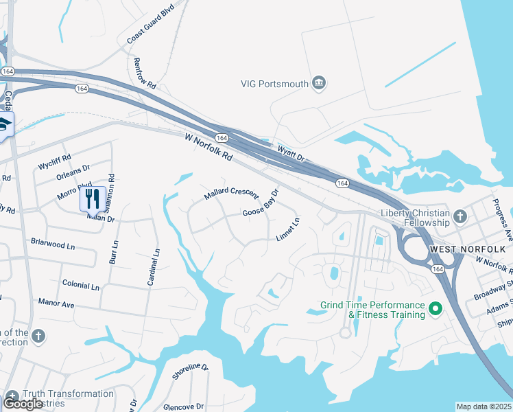 map of restaurants, bars, coffee shops, grocery stores, and more near 4513 Mallard Crescent in Portsmouth