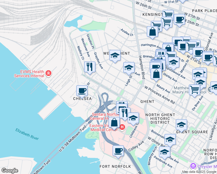 map of restaurants, bars, coffee shops, grocery stores, and more near 1104 Redgate Avenue in Norfolk