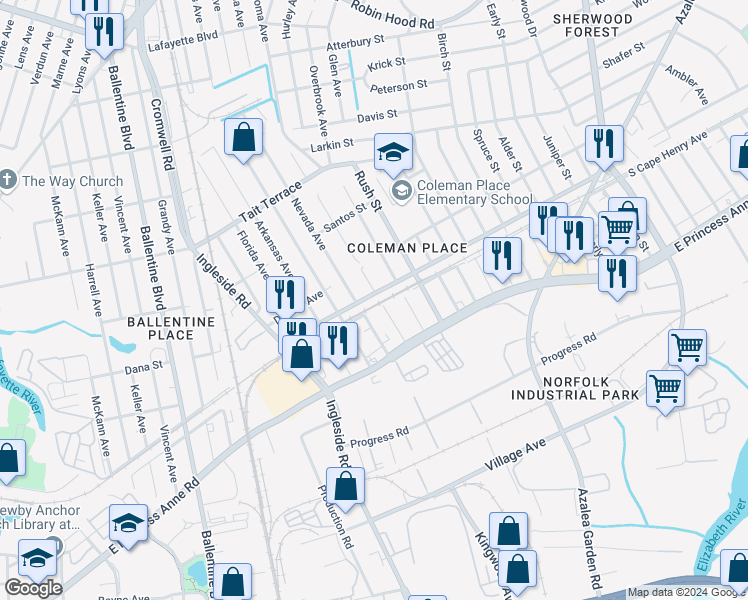 map of restaurants, bars, coffee shops, grocery stores, and more near 3627 Cape Henry Avenue in Norfolk