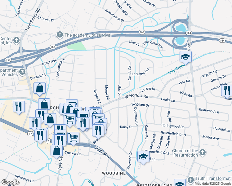 map of restaurants, bars, coffee shops, grocery stores, and more near 3504 Lilac Drive in Portsmouth