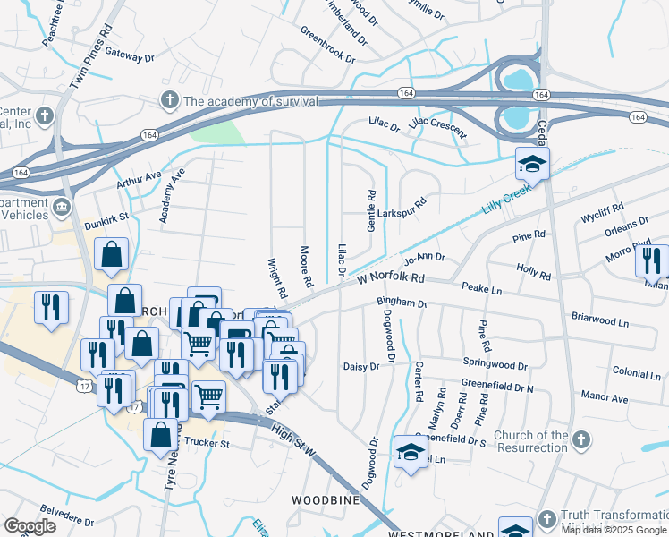 map of restaurants, bars, coffee shops, grocery stores, and more near 3504 Lilac Drive in Portsmouth