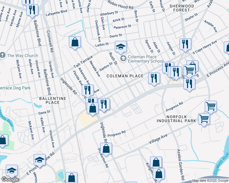 map of restaurants, bars, coffee shops, grocery stores, and more near 3627 Cape Henry Avenue in Norfolk