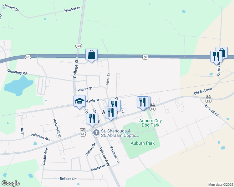 map of restaurants, bars, coffee shops, grocery stores, and more near 117-174 Maple Street in Auburn