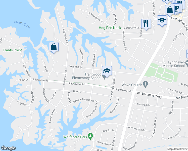 map of restaurants, bars, coffee shops, grocery stores, and more near 1097 Blackburn Lane in Virginia Beach